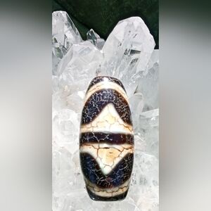 Agate - TWIN TIGER TEETH DZI BEAD (with Dragon Skin Crackle)